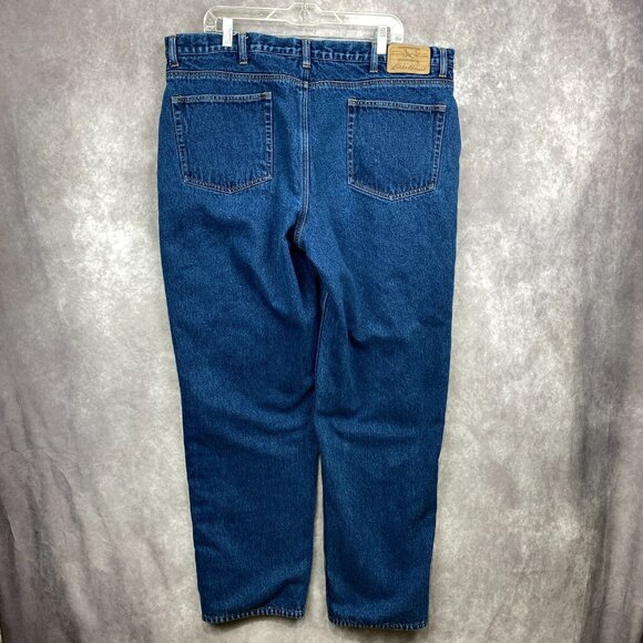 Eddie Bauer Denim Jeans Flannel Lined Mens 42x34 Tall Blue Dark Wash Outdoors - Picture 2 of 12